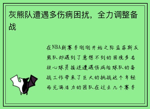 灰熊队遭遇多伤病困扰，全力调整备战